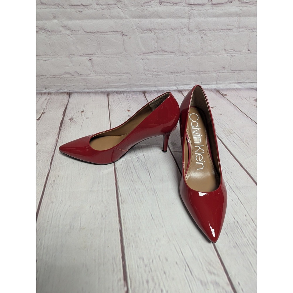 Calvin Klein Women's Kamara Patent Heels Pointy Toe Crimson Red Pumps Size 9.5